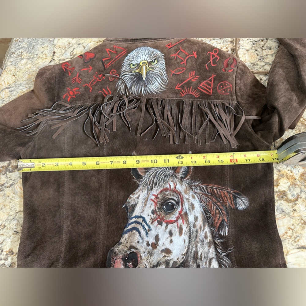 Gorgeous handpainted suede fringe jacket sz SM tribal Southwest horse eagle OOAK - Picture 10 of 12